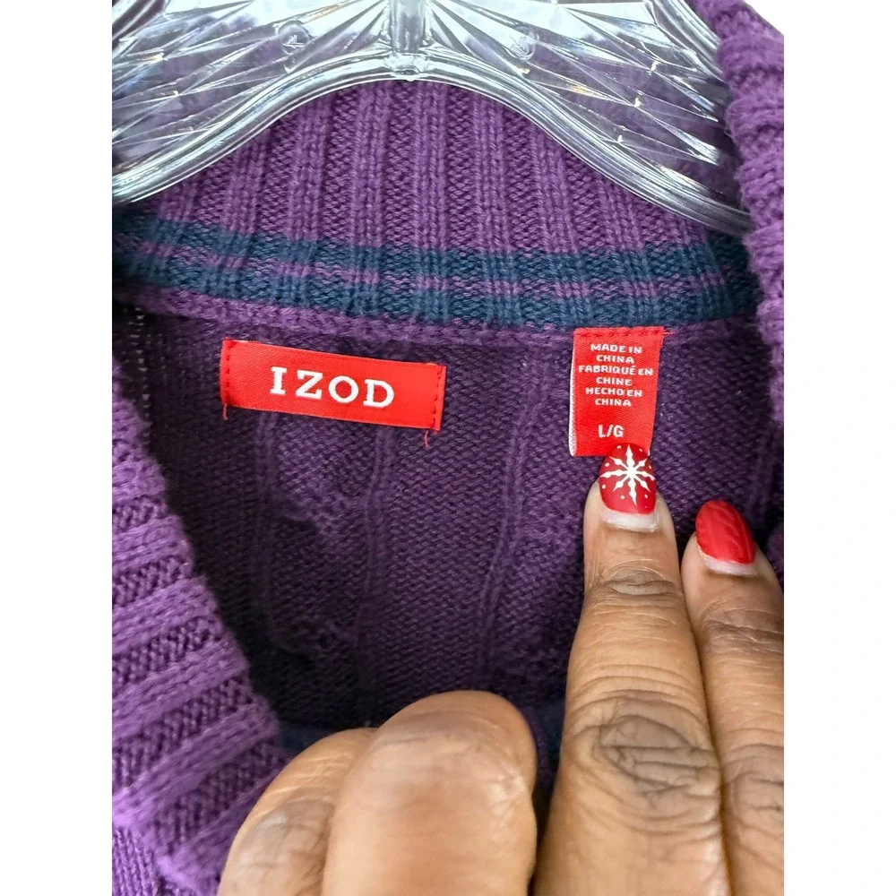 Izod Quarter Zip Men's Purple Cable‎ Knot Mock Neck Long Sleeve Sweater Large